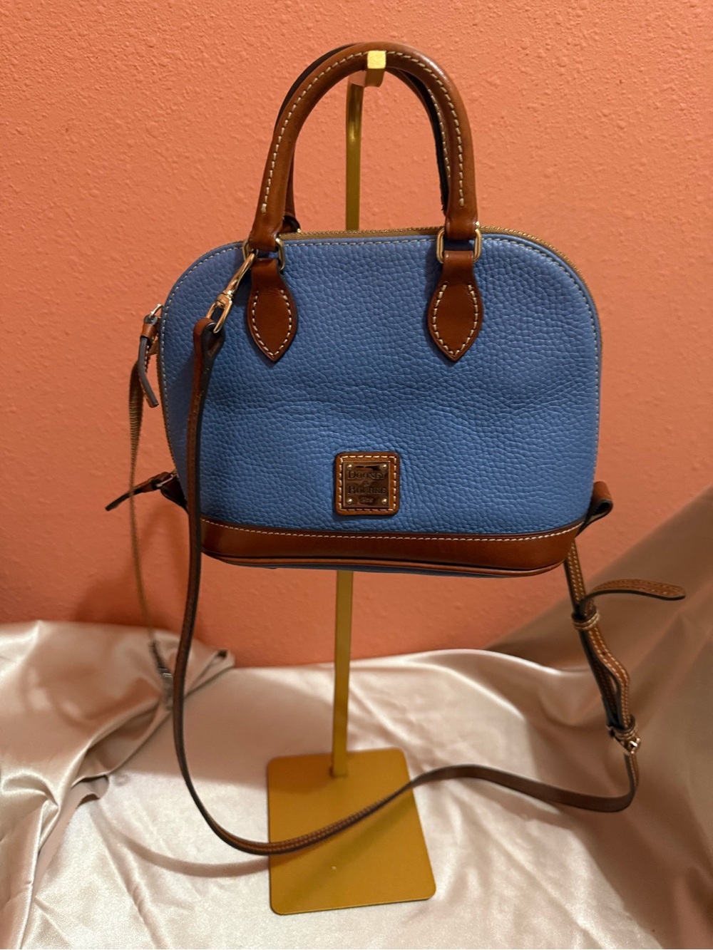 Dooney & Bourke Blue Pebbled Leather Crossbody with Brown Trim